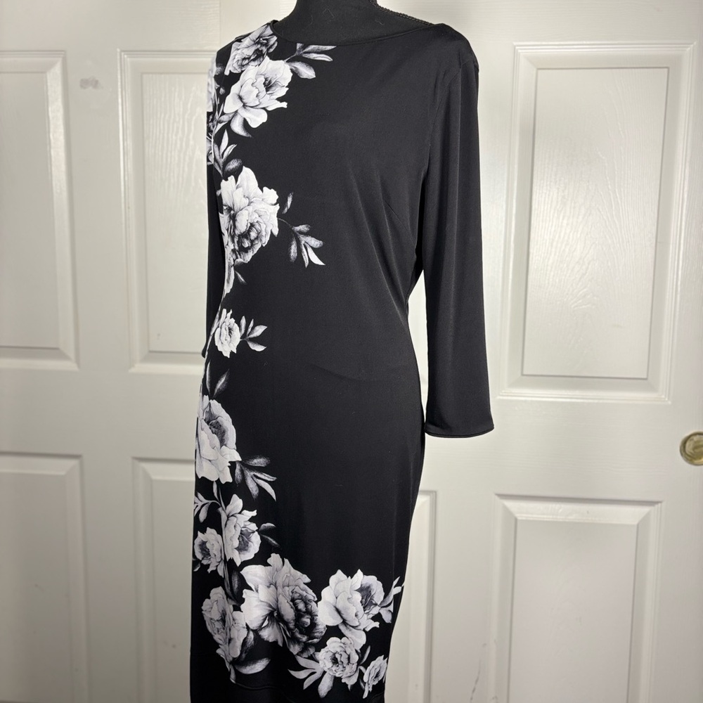 White House Black Market Asymmetrical Black Dress with White Floral Design - Picture 8 of 13